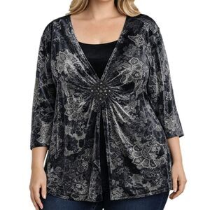 Notations Woman Blouse 3X Velvet Burnout Faux Cardigan Boho Floral Goth Fairy